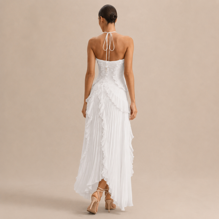 Noémie Gauthier | Pleated Ruffle Halter High-Low Maxi Dress