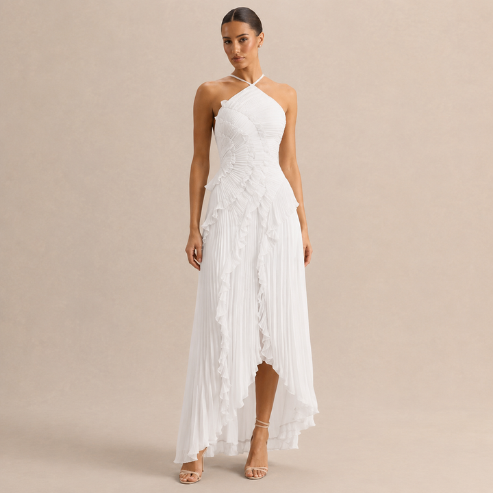 Noémie Gauthier | Pleated Ruffle Halter High-Low Maxi Dress