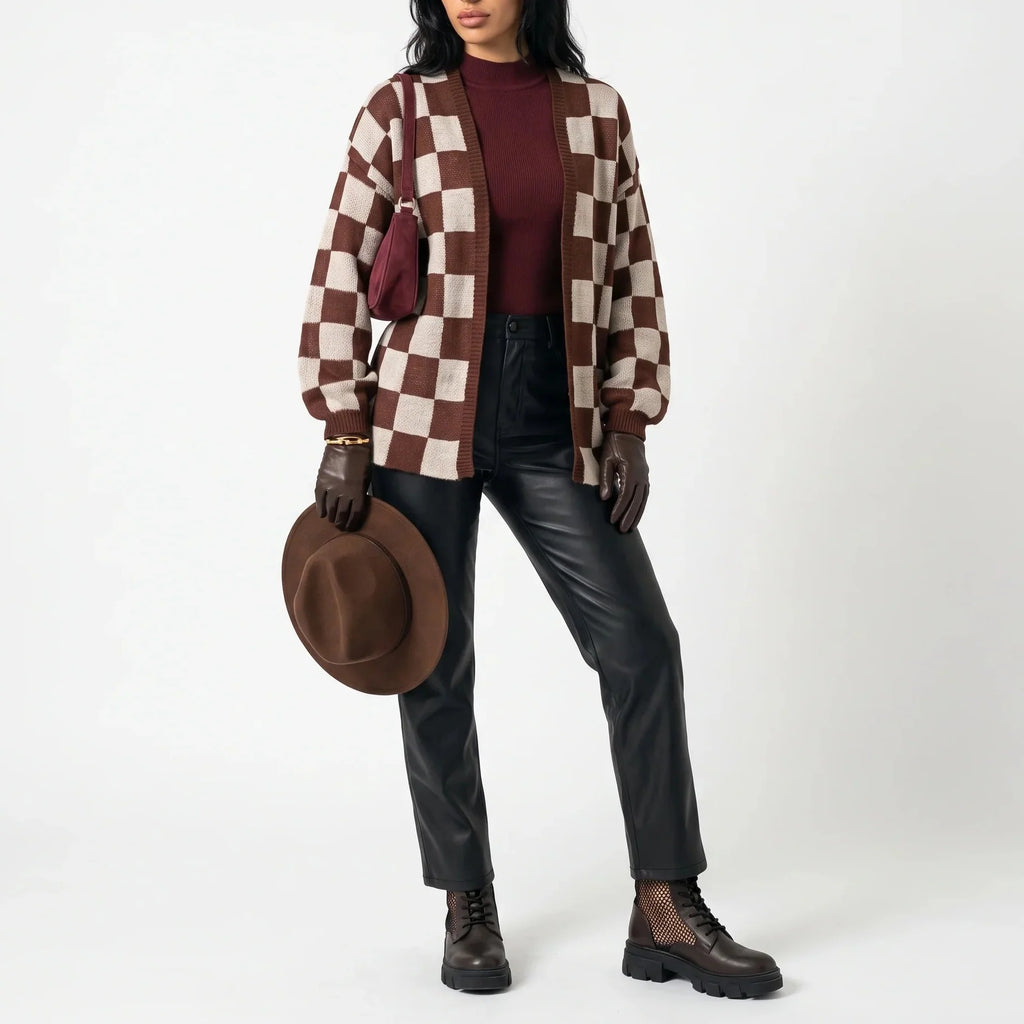 Lou Mâcon | Women’s Checkerboard Knit Cardigan – Relaxed Fit Casual Sweater Jacket