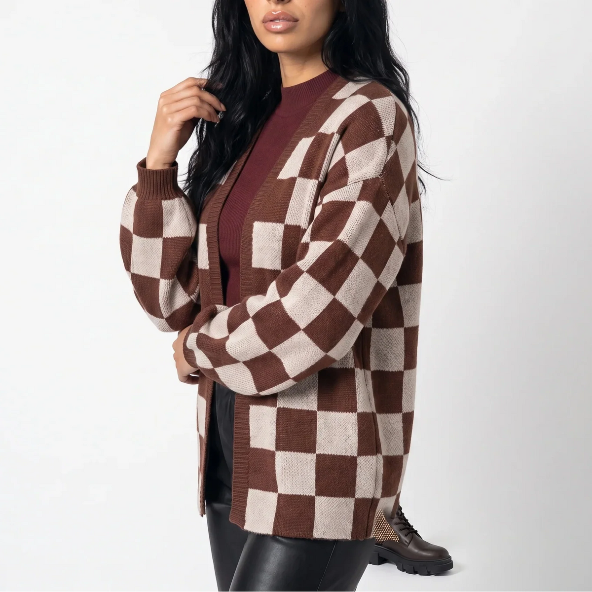 Lou Mâcon | Women’s Checkerboard Knit Cardigan – Relaxed Fit Casual Sweater Jacket