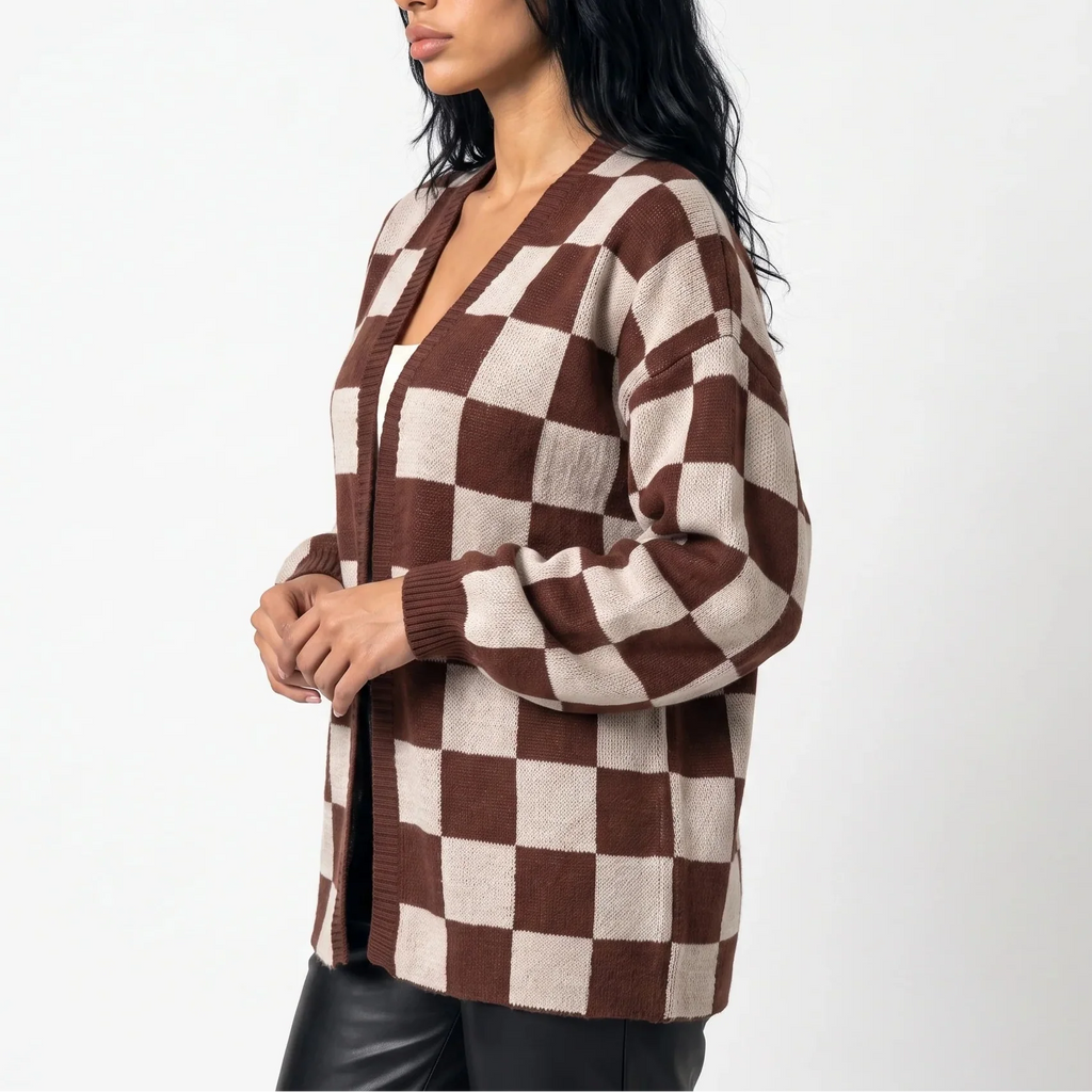Lou Mâcon | Women’s Checkerboard Knit Cardigan – Relaxed Fit Casual Sweater Jacket