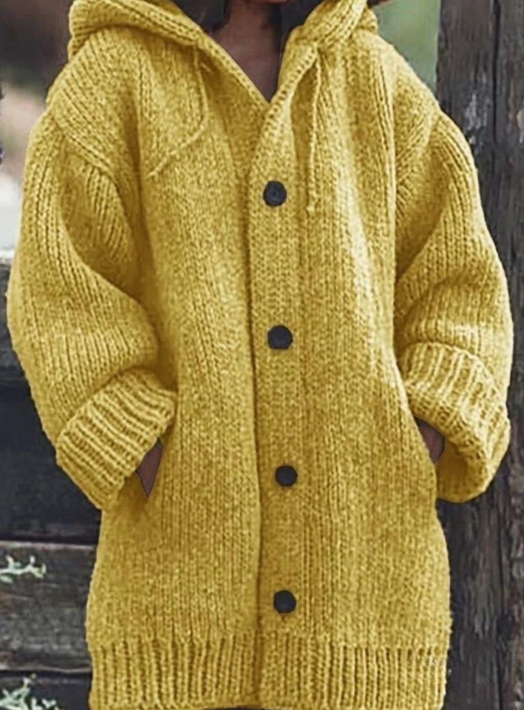 Danaë Brive | Women's Chunky Knit Hooded Oversized Button-Up Sweater Cardigan