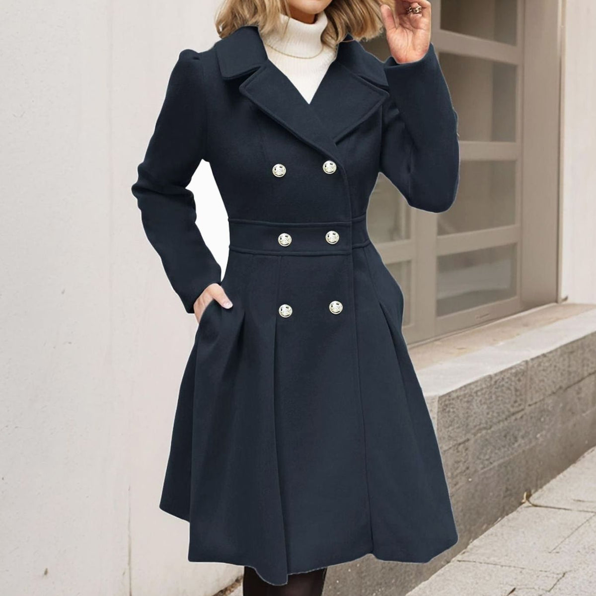 Maud Évreux | Women's Double-Breasted Flared Longline Wool-Blend Coat