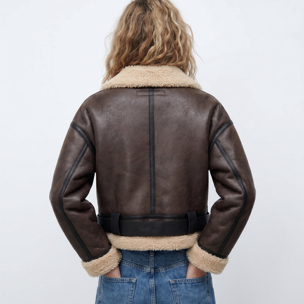 Piper Moreau | Women's Cropped Bomber Jacket with Shearling Trim