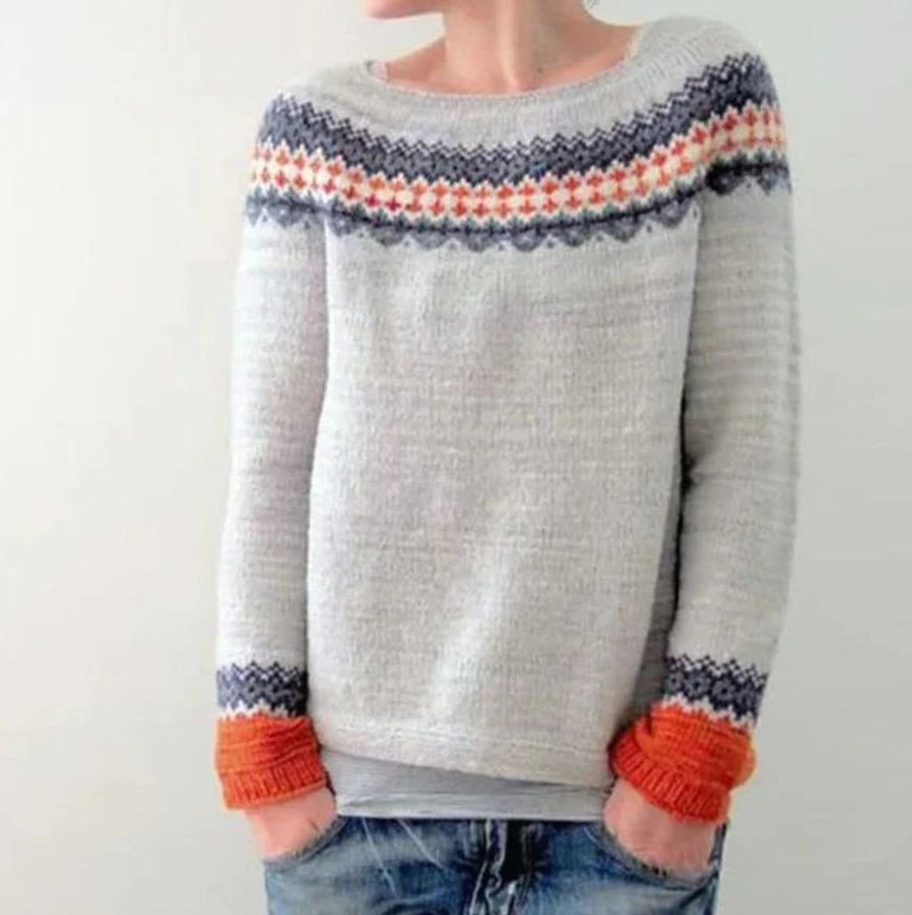 Célie Tours | Women's Fair Isle Crew Neck Knit Sweater Relaxed Fit Long Sleeve
