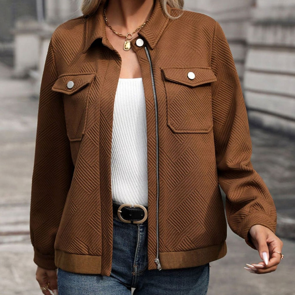 Mila Senlis | Women's Geometric Quilted Long-Sleeve Zip-Up Jacket Chest Pockets