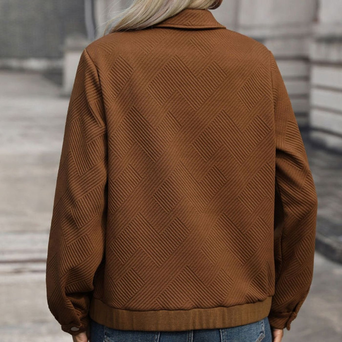 Mila Senlis | Women's Geometric Quilted Long-Sleeve Zip-Up Jacket Chest Pockets