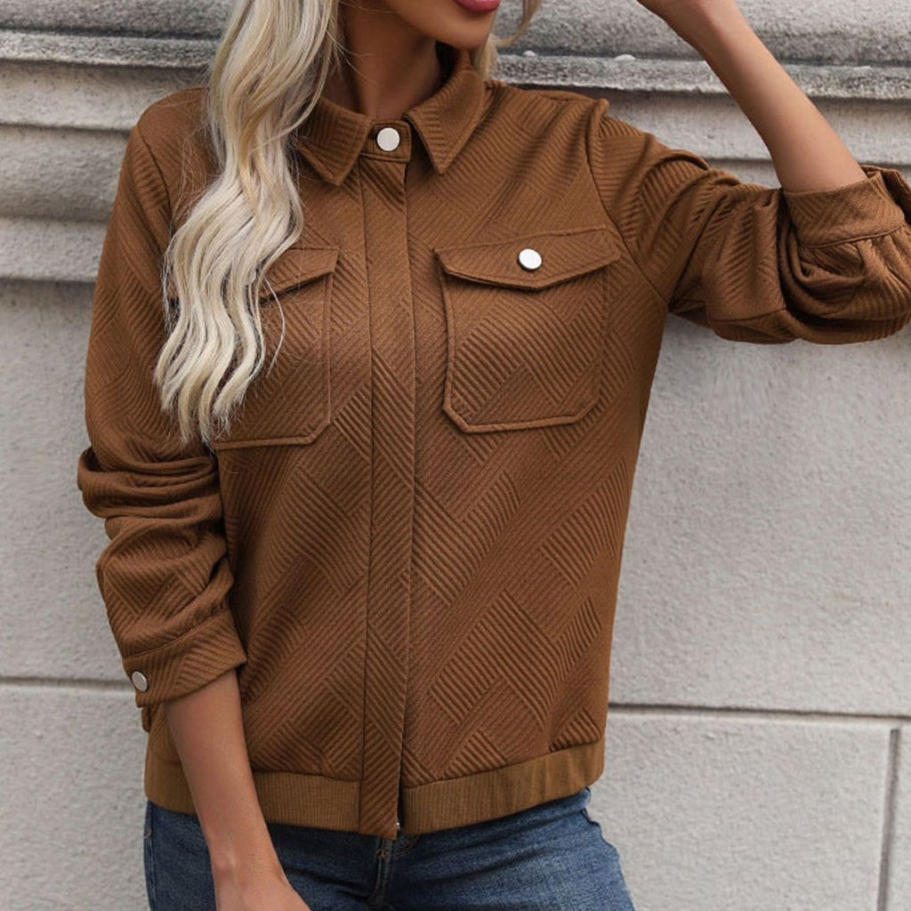 Mila Senlis | Women's Geometric Quilted Long-Sleeve Zip-Up Jacket Chest Pockets