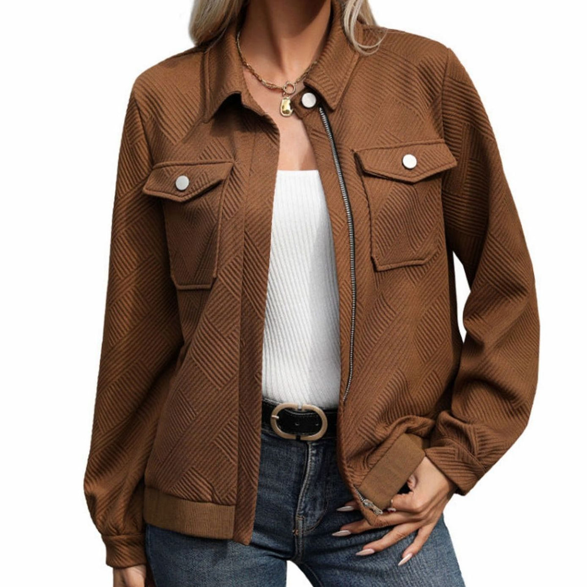 Mila Senlis | Women's Geometric Quilted Long-Sleeve Zip-Up Jacket Chest Pockets