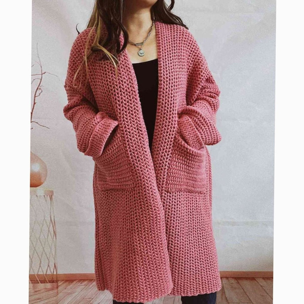 Anie Vernet | Women's Oversized Chunky Knit Open Front Long Cardigan Patch Pockets