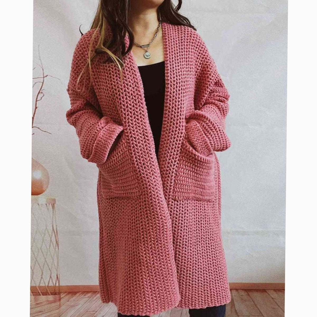 Anie Vernet | Women's Oversized Chunky Knit Open Front Long Cardigan Patch Pockets