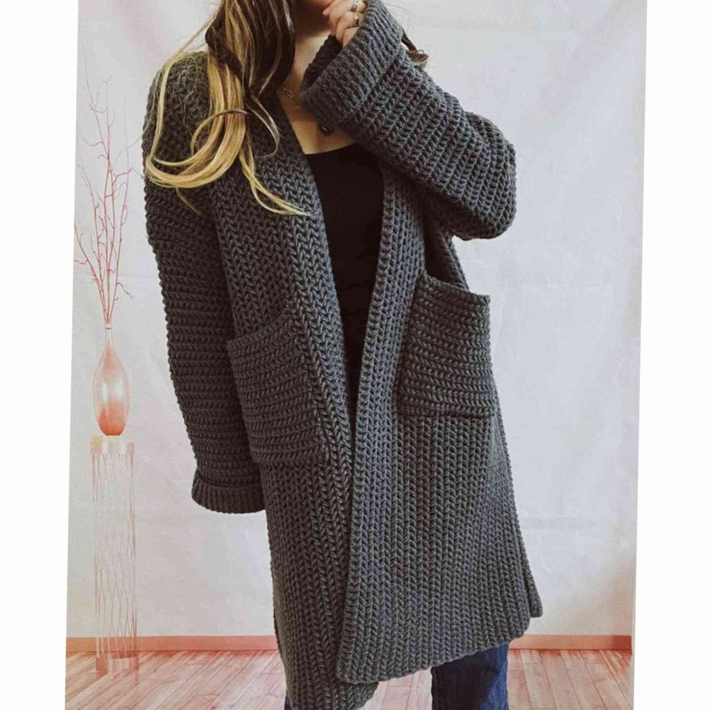 Anie Vernet | Women's Oversized Chunky Knit Open Front Long Cardigan Patch Pockets
