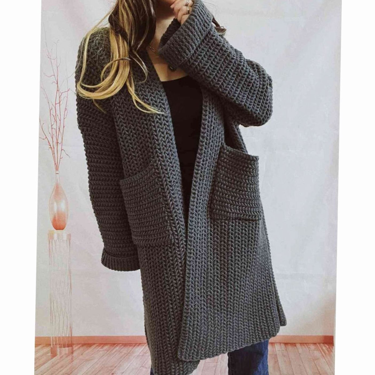 Anie Vernet | Women's Oversized Chunky Knit Open Front Long Cardigan Patch Pockets