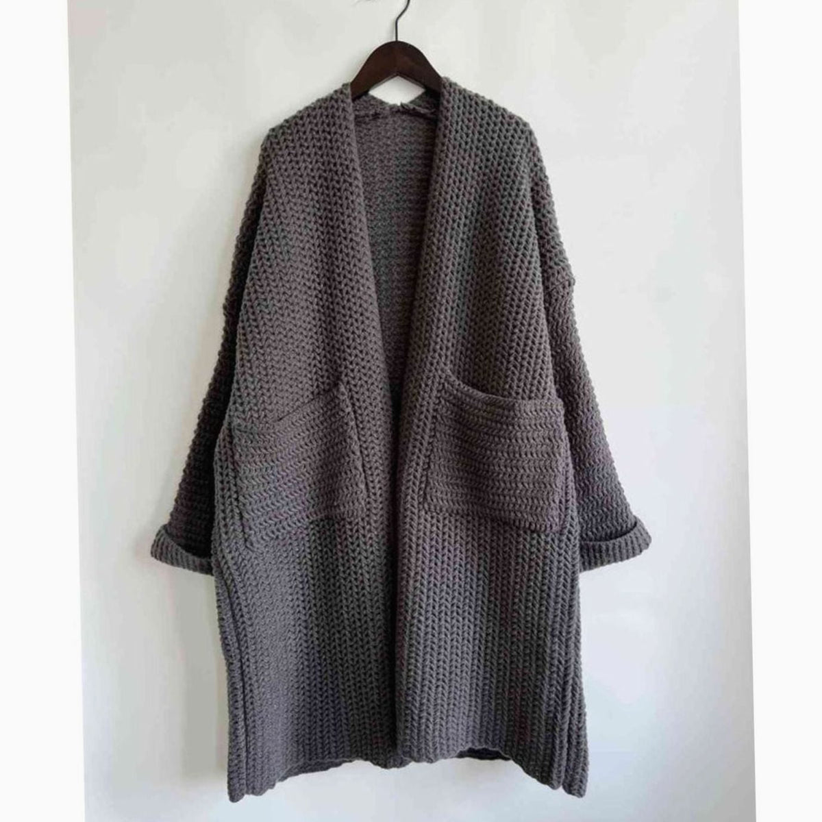 Anie Vernet | Women's Oversized Chunky Knit Open Front Long Cardigan Patch Pockets