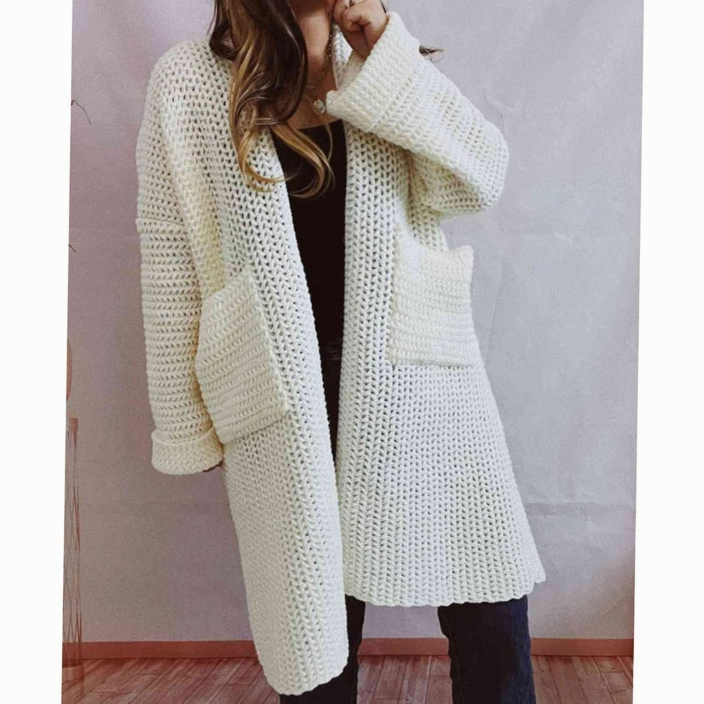 Anie Vernet | Women's Oversized Chunky Knit Open Front Long Cardigan Patch Pockets
