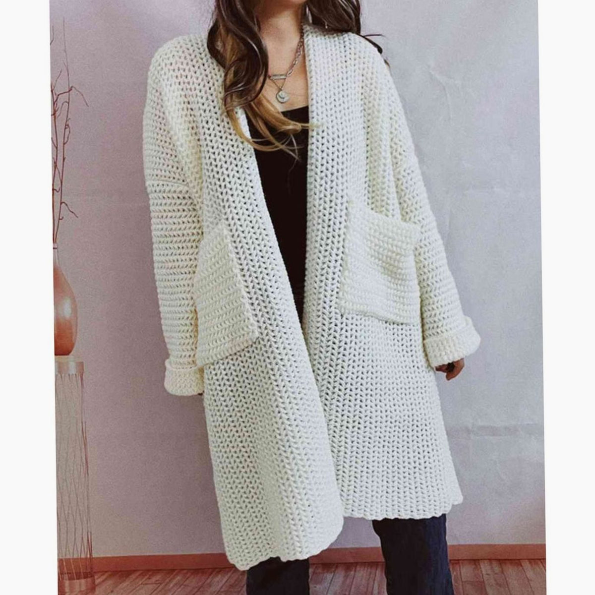 Anie Vernet | Women's Oversized Chunky Knit Open Front Long Cardigan Patch Pockets