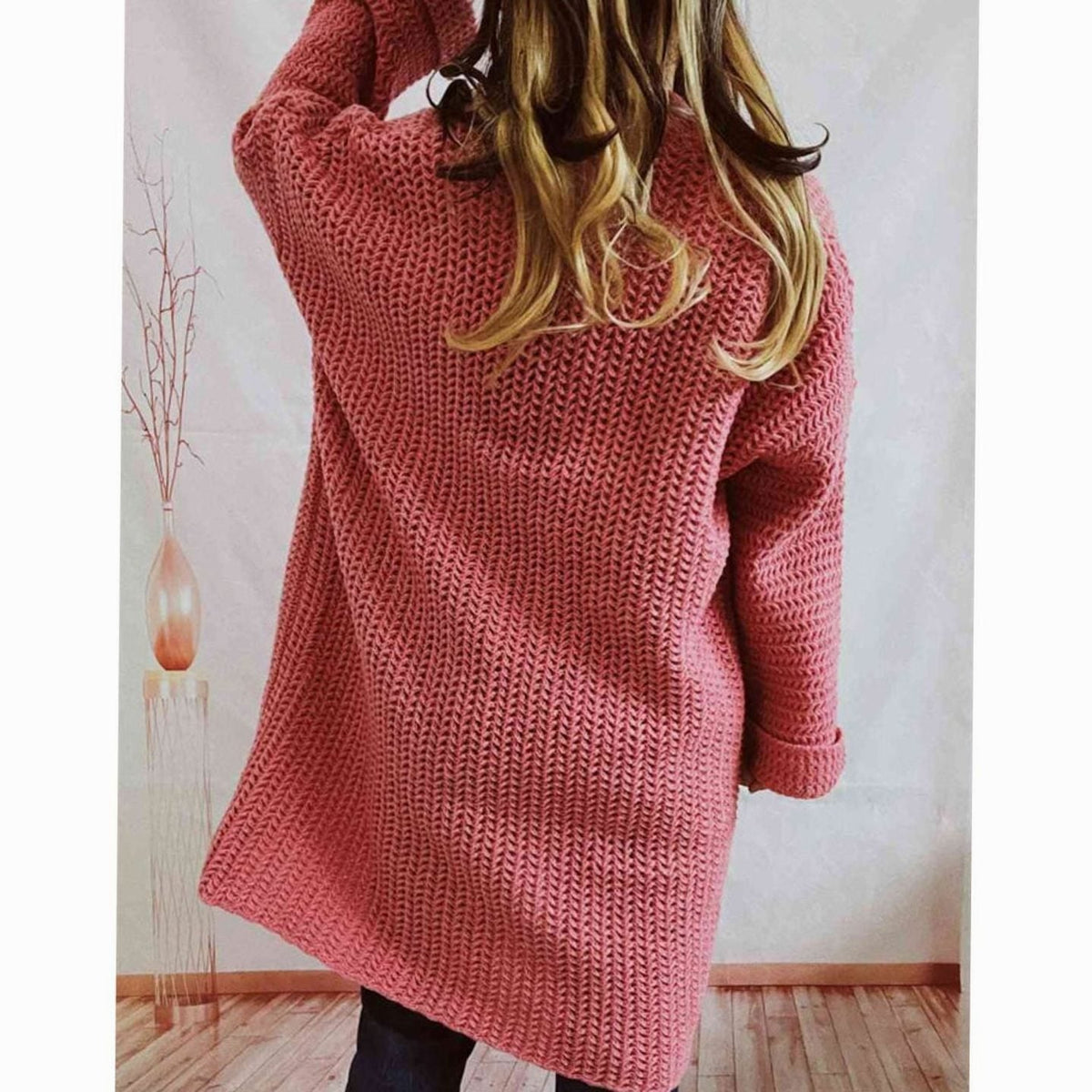 Anie Vernet | Women's Oversized Chunky Knit Open Front Long Cardigan Patch Pockets