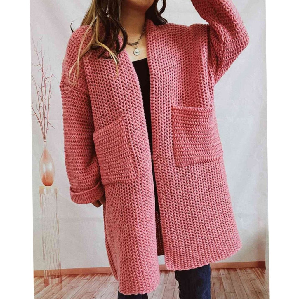 Anie Vernet | Women's Oversized Chunky Knit Open Front Long Cardigan Patch Pockets