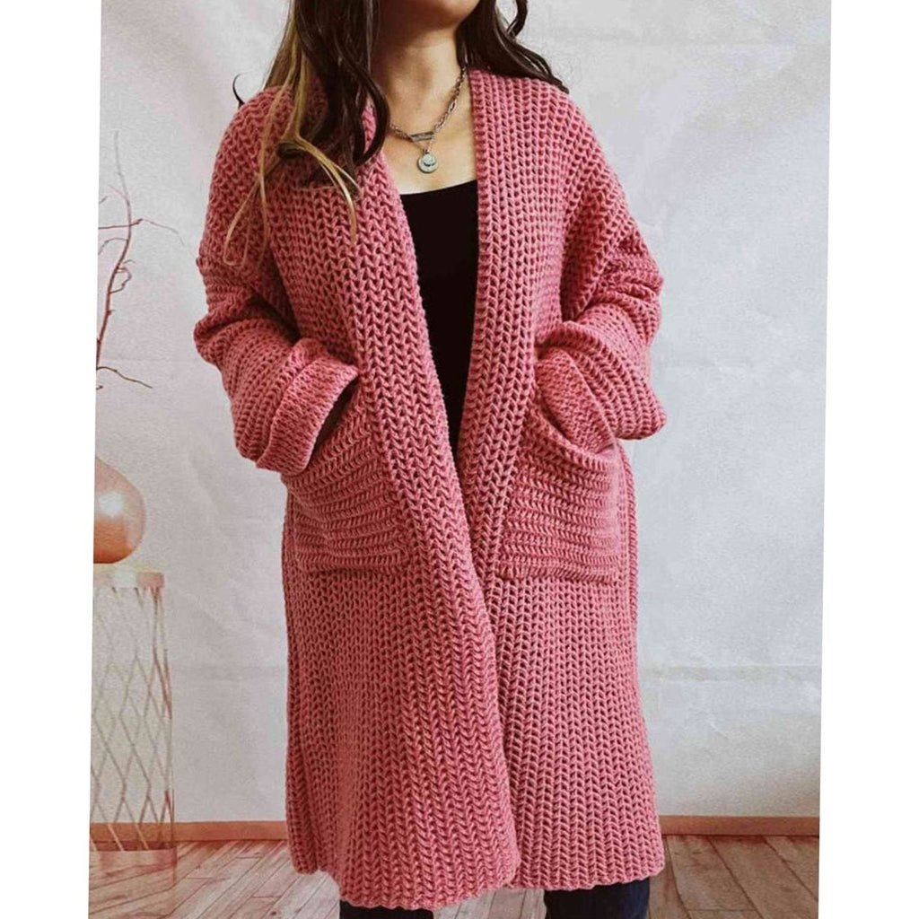Anie Vernet | Women's Oversized Chunky Knit Open Front Long Cardigan Patch Pockets