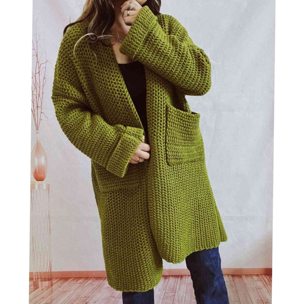 Anie Vernet | Women's Oversized Chunky Knit Open Front Long Cardigan Patch Pockets
