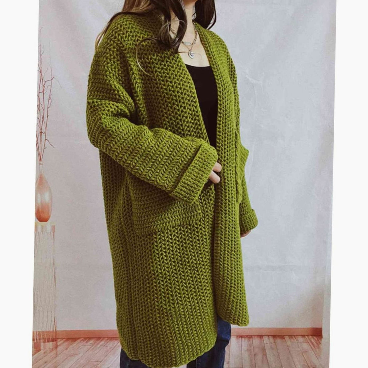 Anie Vernet | Women's Oversized Chunky Knit Open Front Long Cardigan Patch Pockets