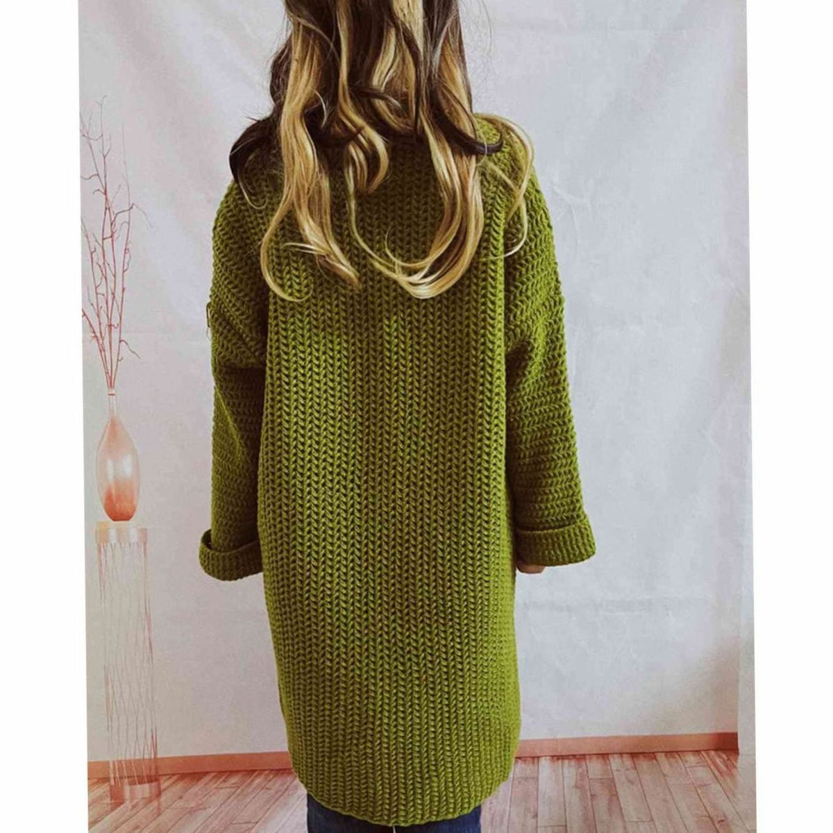 Anie Vernet | Women's Oversized Chunky Knit Open Front Long Cardigan Patch Pockets