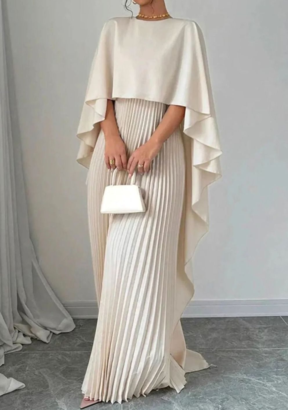 Salomé Amiens | Women's Pleated Cape Overlay Formal Maxi Dress