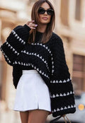 Sydney Levêque | Women's Textured Knit Crewneck Sweater Geometric Striped with Turtleneck for Casual
