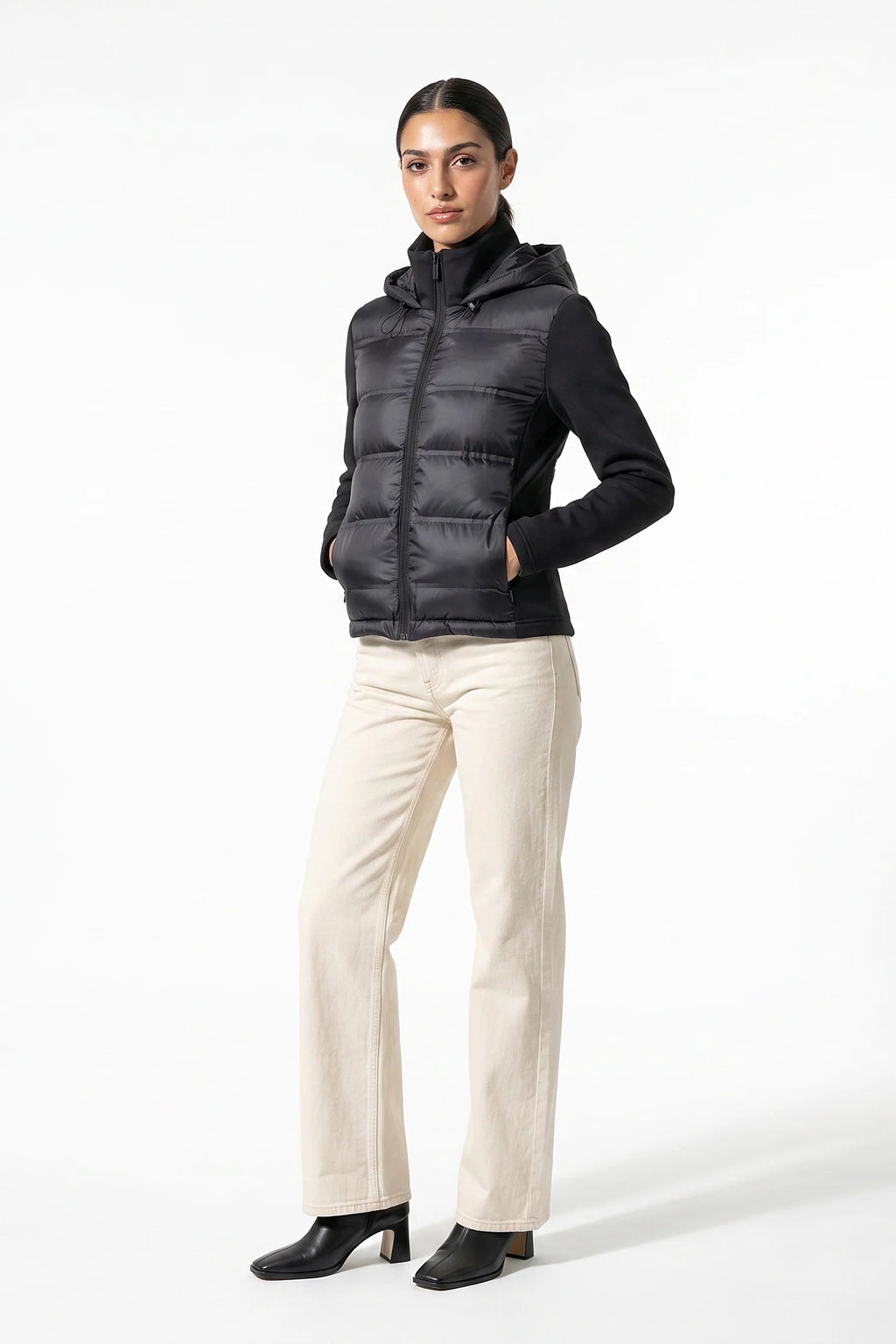 Apolline Deschamps | Women's Winter Active Hybrid Hooded Black Puffer Jacket
