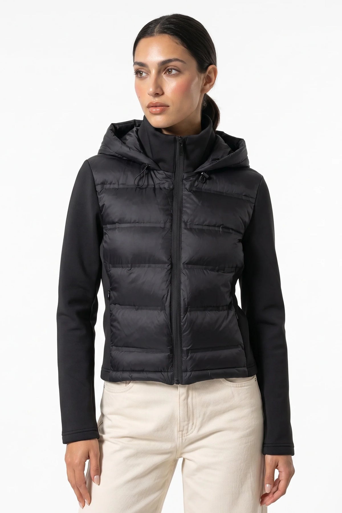 Apolline Deschamps | Women's Winter Active Hybrid Hooded Black Puffer Jacket