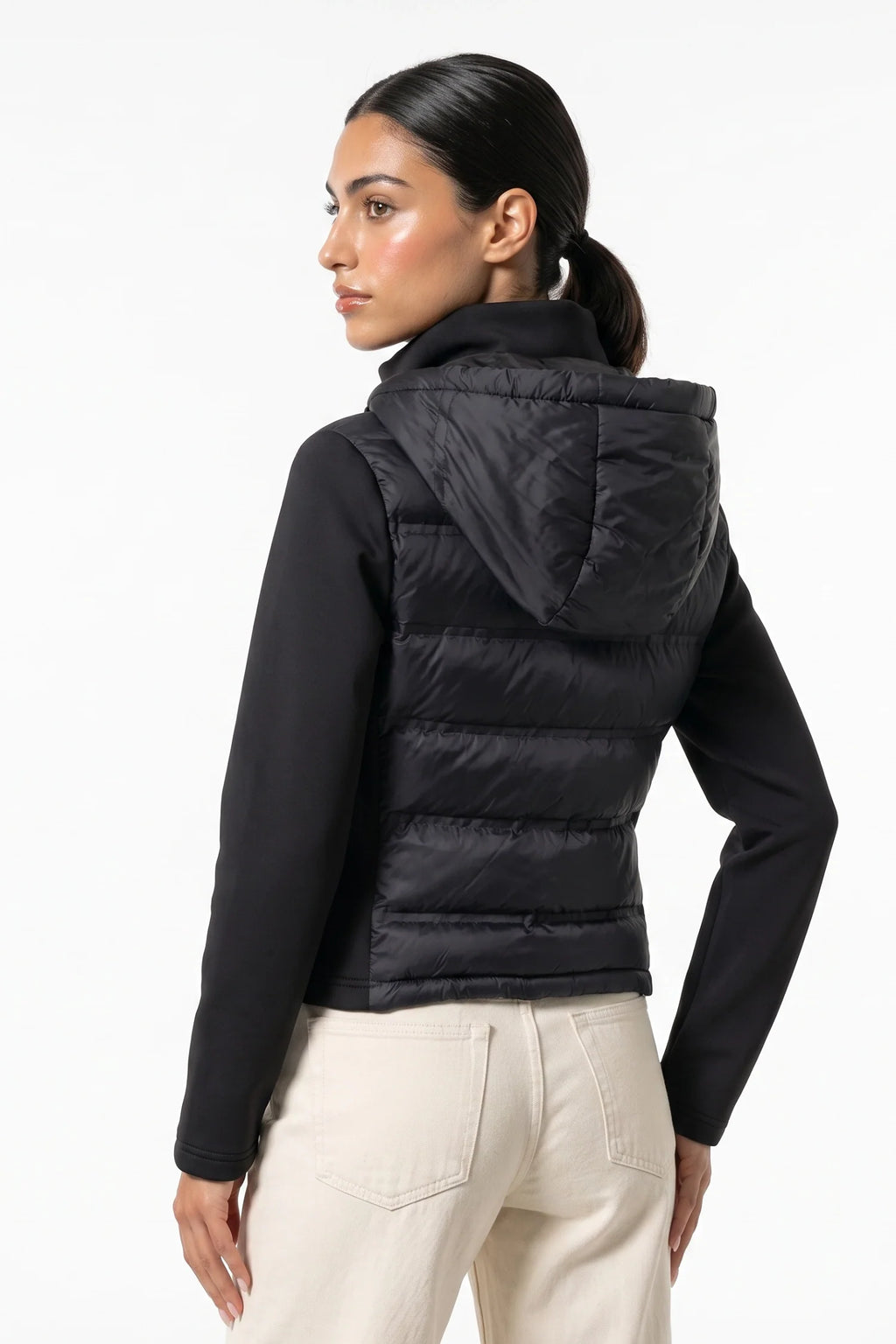 Apolline Deschamps | Women's Winter Active Hybrid Hooded Black Puffer Jacket